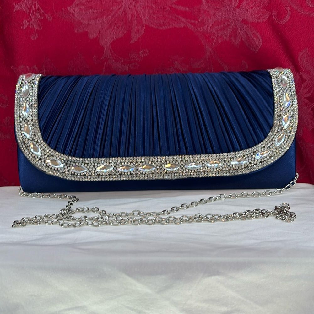 Lulu Townsend Clutch Pleated‎ Blue Satin Rhinestone Women Chain